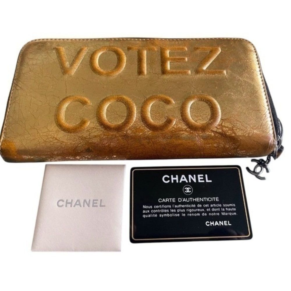 Chanel Runway 2015 Votez Coco Zip Around Wallet Embossed Leather Gold Limited Ed